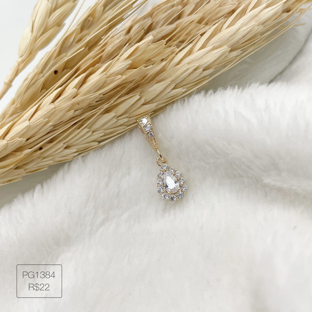 Pingente Gota Cravejada Cristal Dourado